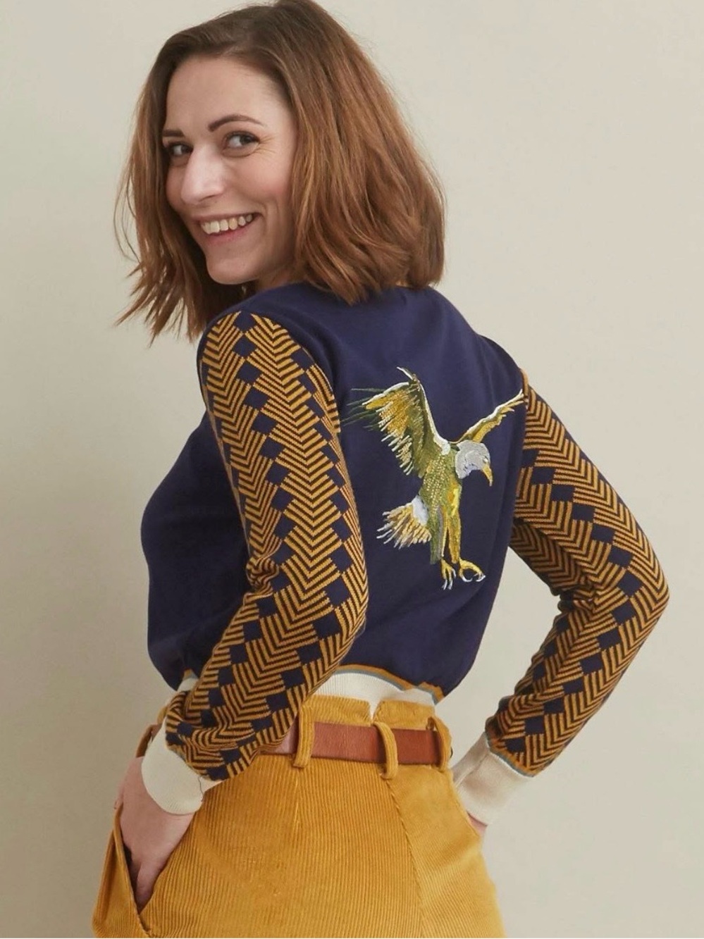 Palava Woven Pattern Navy & Mustard Embroidered Eagle Cardigan Size M